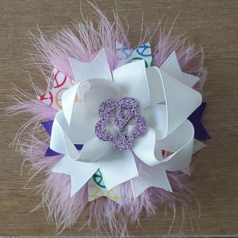 Peace Sign Boutique Hair Bow Clip Pink Marabou Feather Girls NWT
